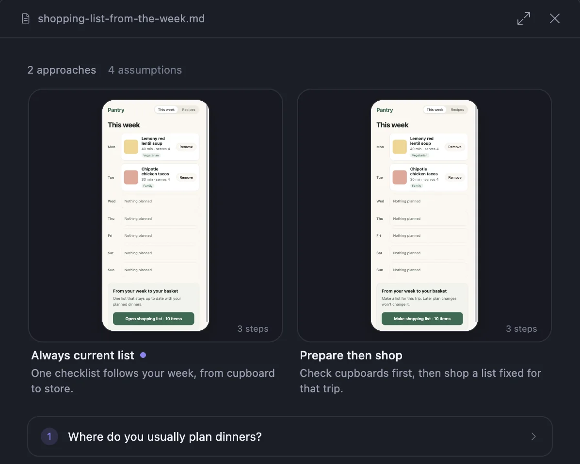 The Explore panel with two approaches, “Always current list” and “Prepare then shop”, each led by a screen of the Pantry app, above the question “Where do you usually plan dinners?”