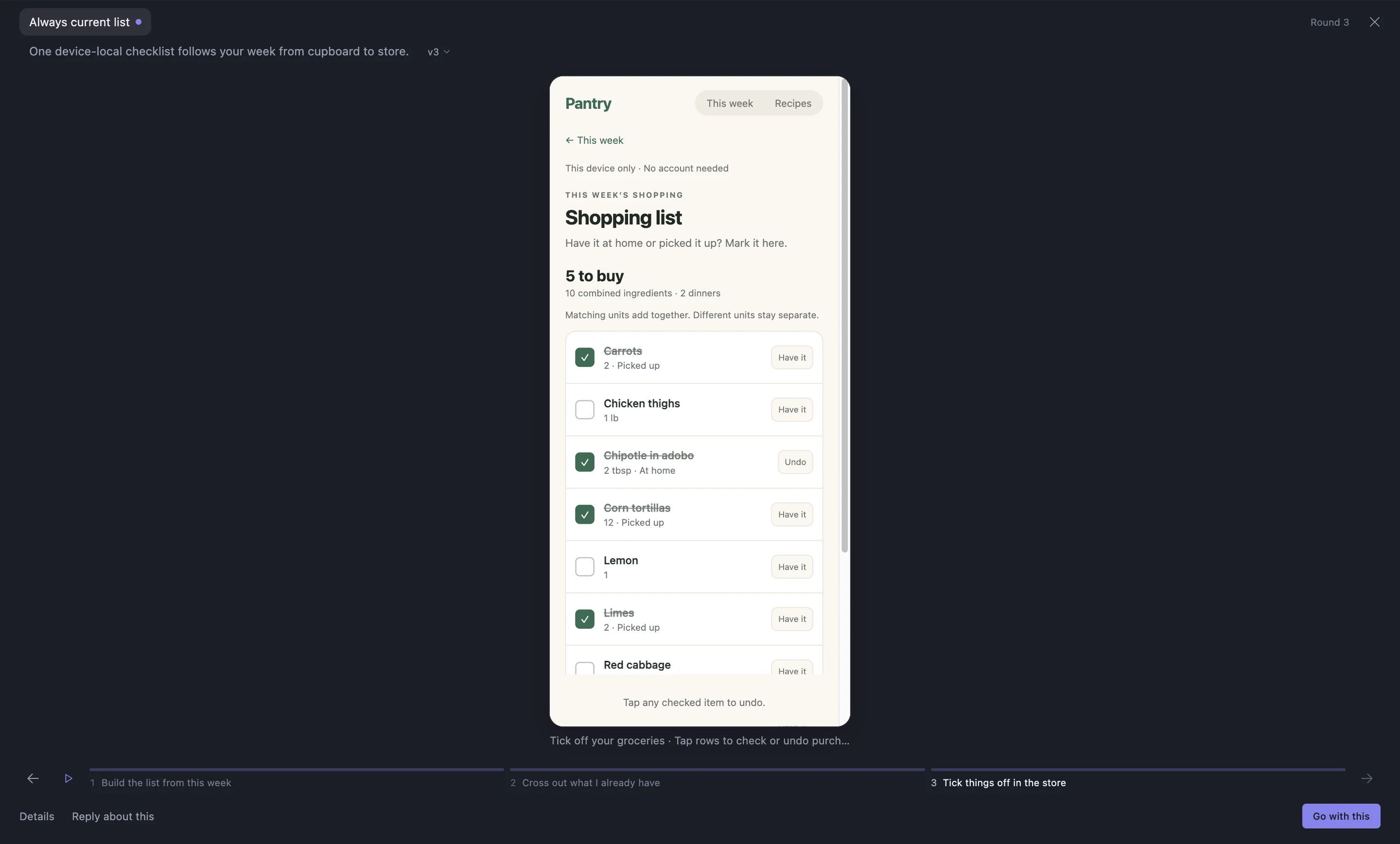A live Pantry screen in the Canvas walkthrough, after a few taps: three items picked up, two marked as already at home, and “5 to buy”. Go with this is at the bottom right.