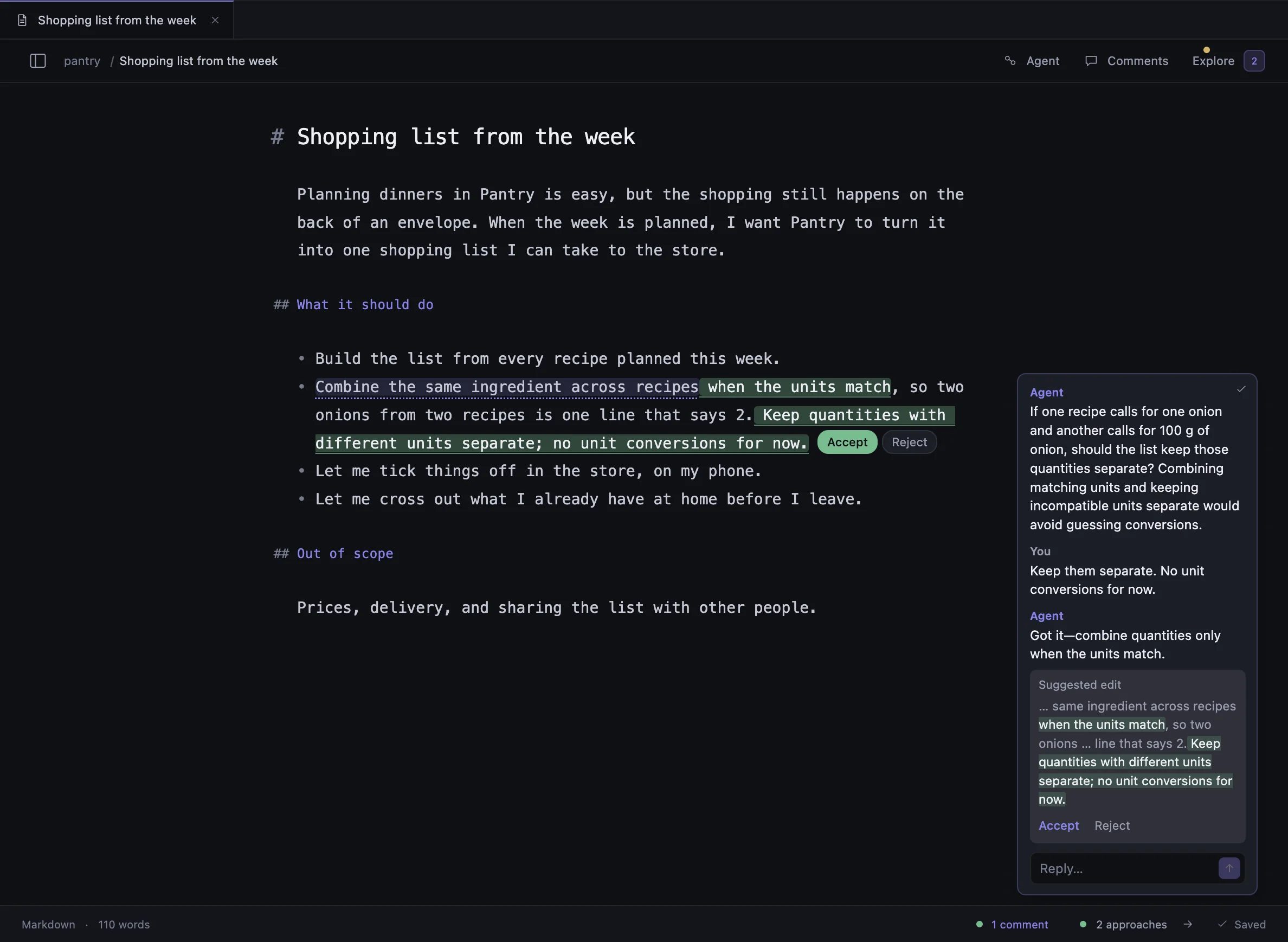 A spec called “Shopping list from the week” open in Canvas. In the margin, the agent asks whether one onion and 100 g of onion should stay separate; after the reply it suggests an edit, shown inline with Accept and Reject.