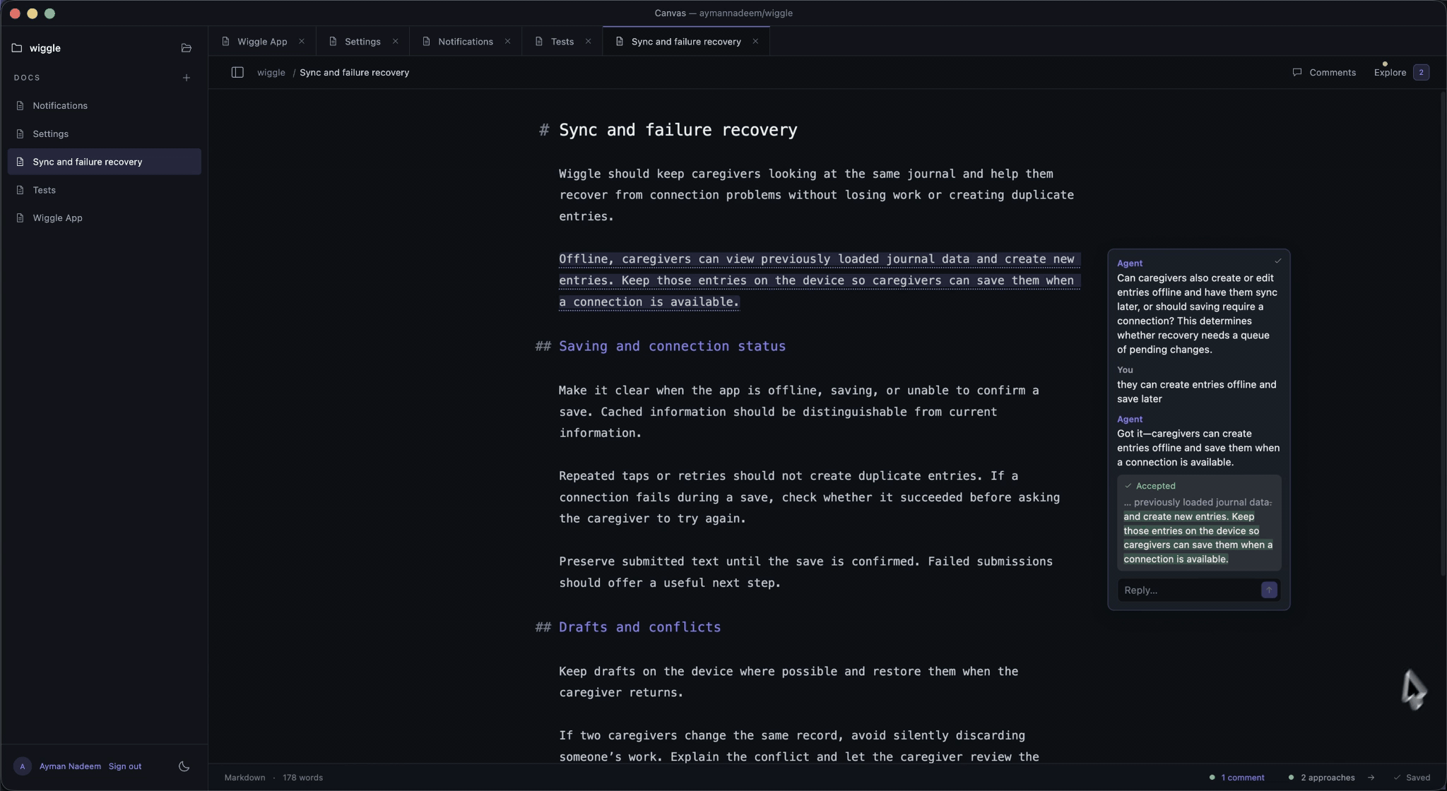 An accepted comment being dismissed and reviewed in the Comments pane, followed by Explore previews in Nuanced Canvas.