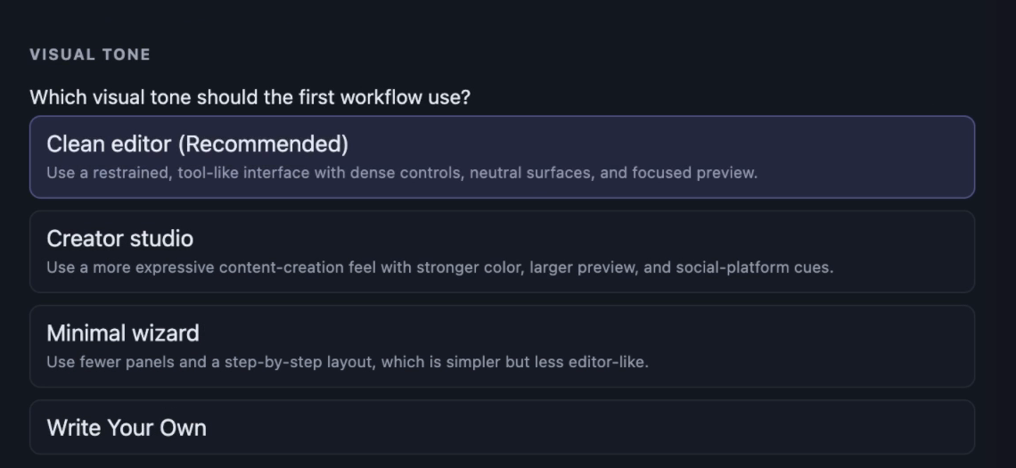Nuanced asking which visual tone the first workflow should use, with three options and a recommended choice