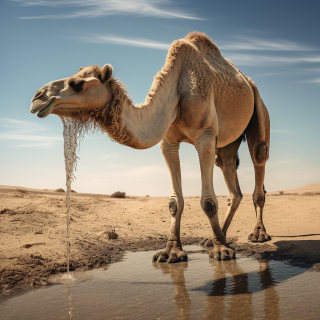 A camel drinking water in the desert.